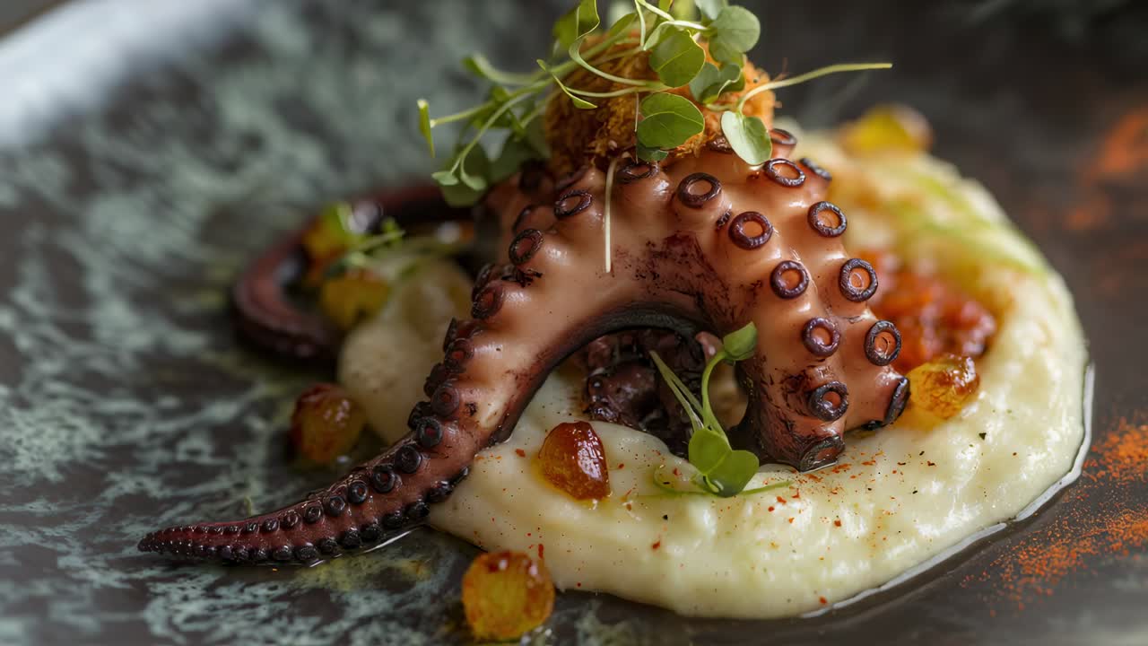Octopus tentacle elegantly placed on creamy mashed potatoes, garnished with fresh microgreens and spices, creating a visually appealing culinary composition