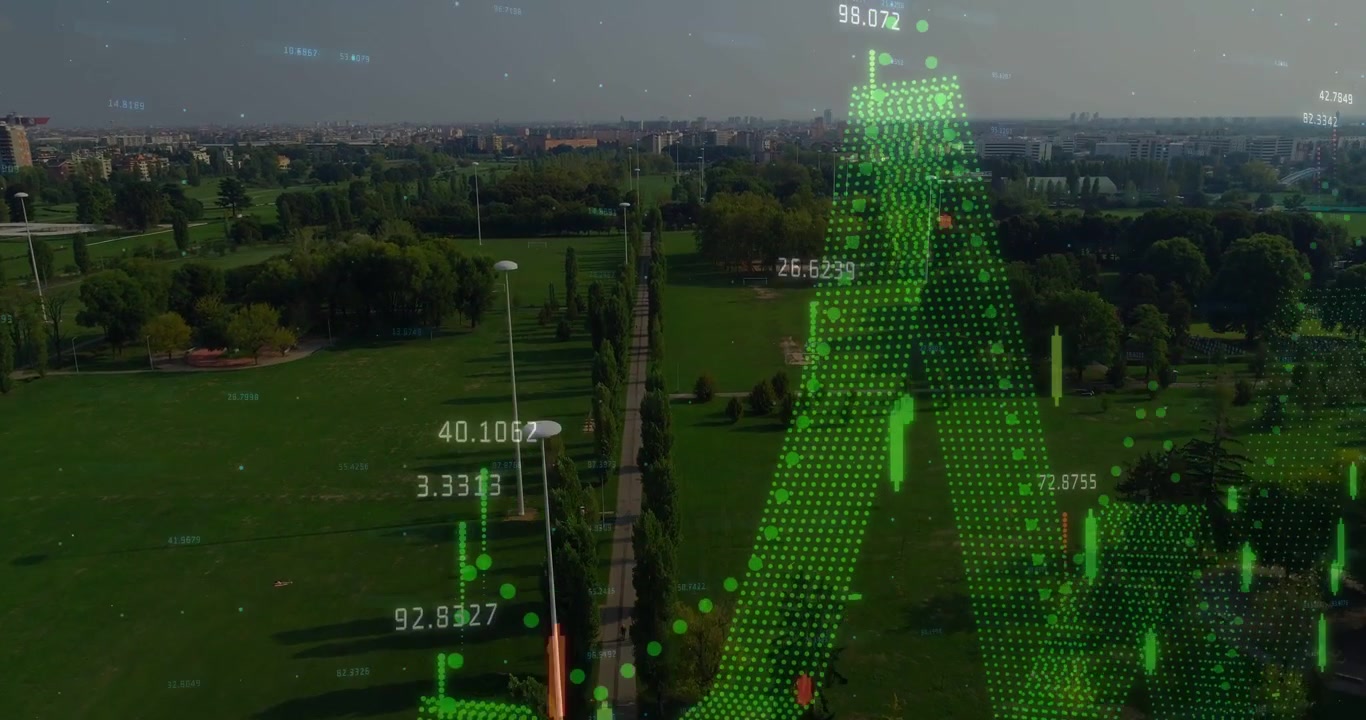 Starting aerial hold, camera showing tree-lined path while mapping park data with candlestick bars