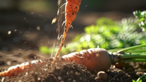 harvesting fresh carrots: capturing the moment of pulling carrots from the rich soil, showcasing the vibrant colors and earthy textures in a bountiful garden