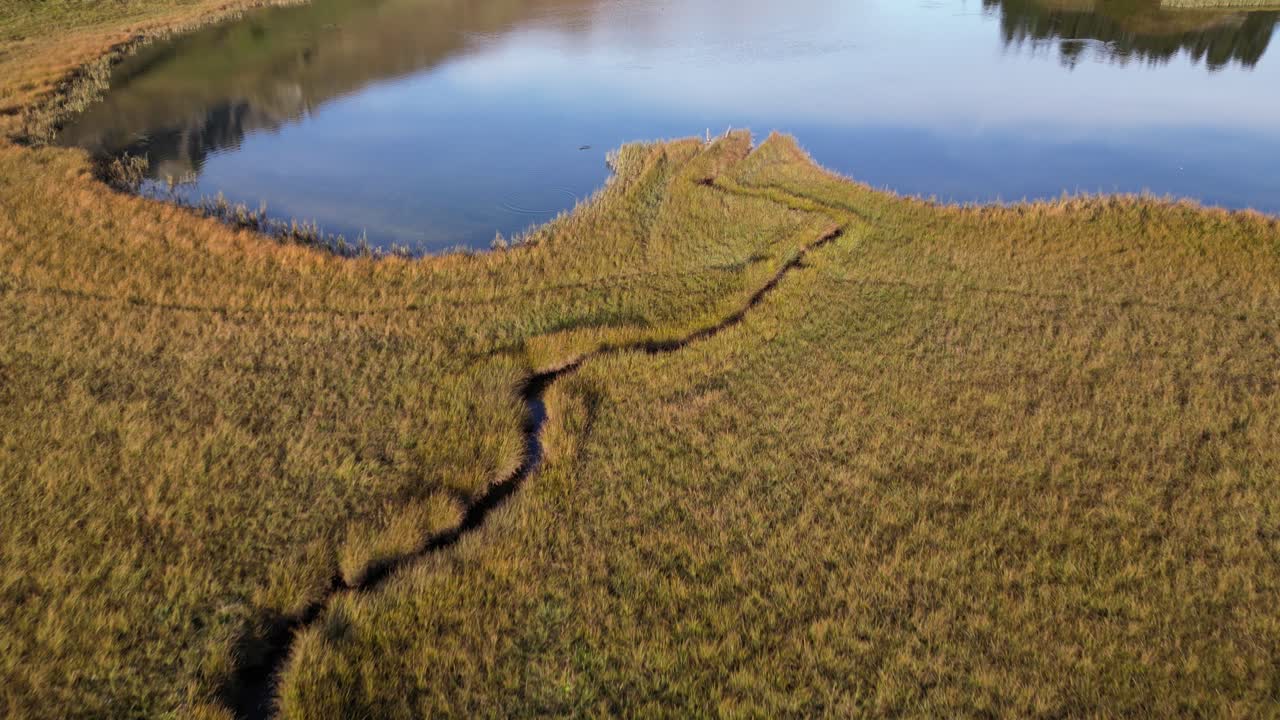 Arial capture of the lake and grassy landscape zooming out shot