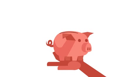 flat cartoon piggy bank hand throws golden coins pictogram animation. luma matte