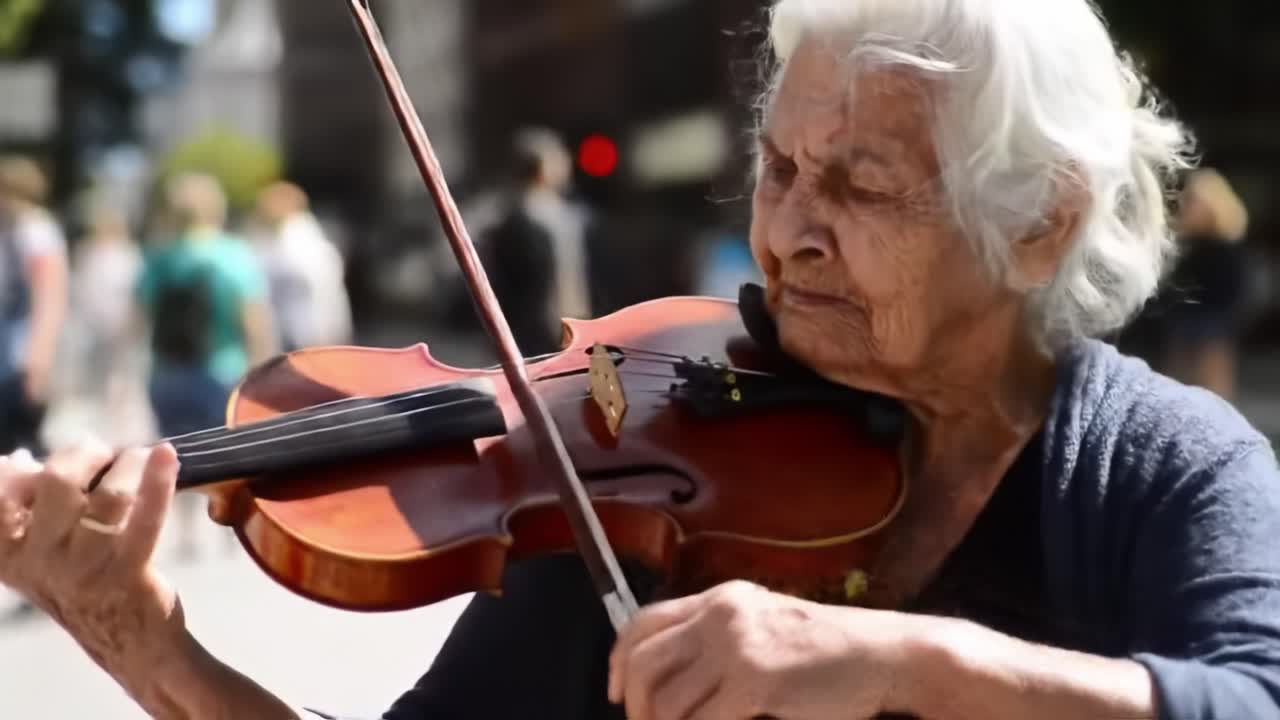 An Inspiring Elderly Woman Captured in Two Moments, Masterfully Playing the Violin on a Busy Street, Showcasing Her Passion for Music and the Joy it Brings to Her Life