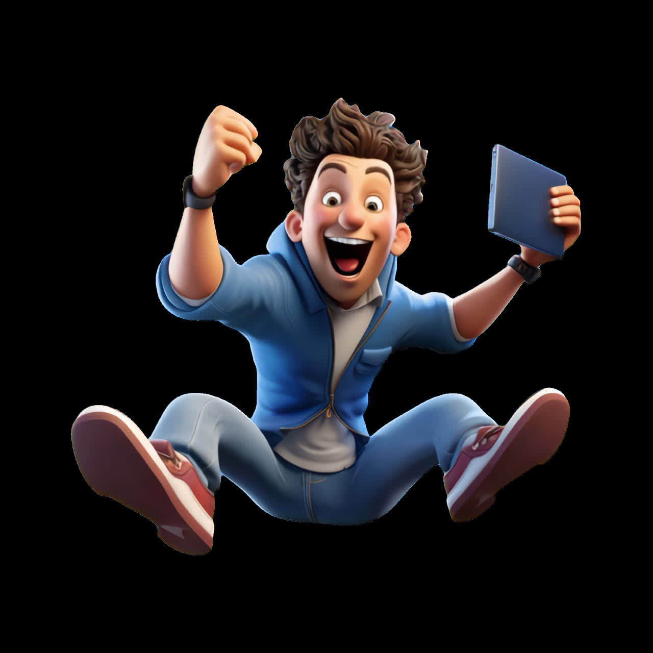 Excited cartoon character jumping joyfully animation isolated asset, transparent 4K video, alpha