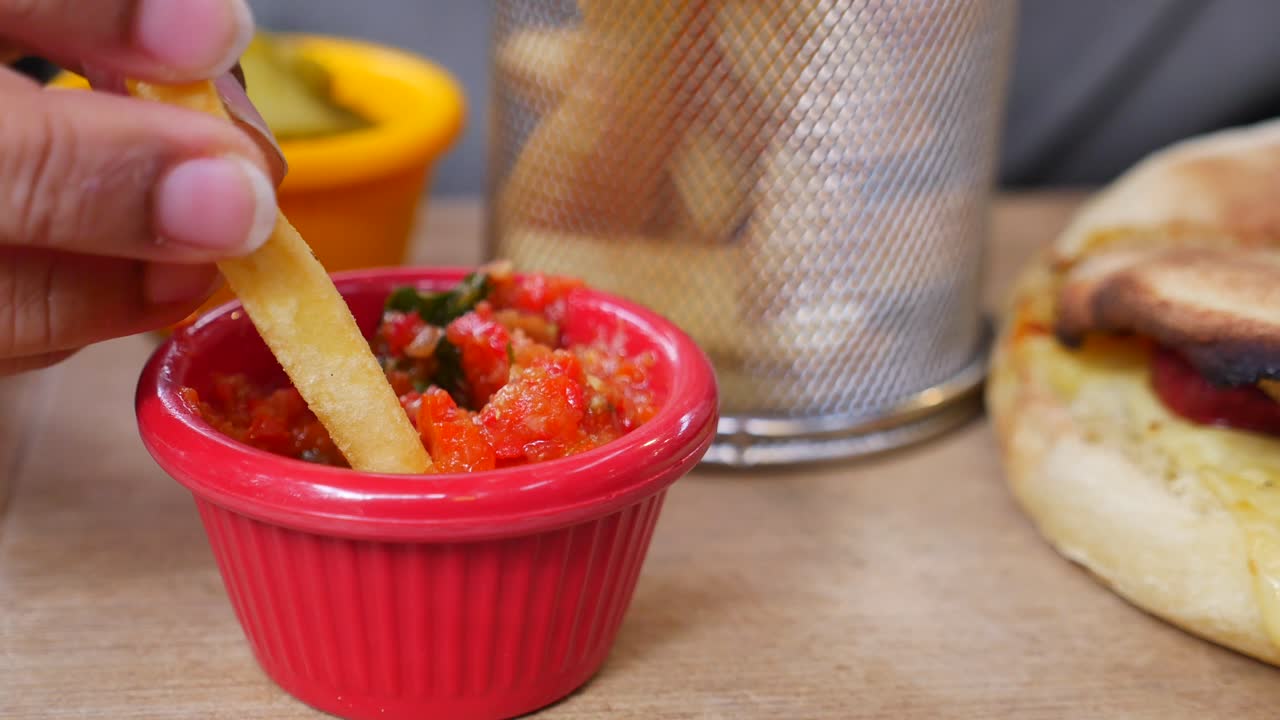 primer plano de una mano sumergiendo una pataca frita en salsa roja