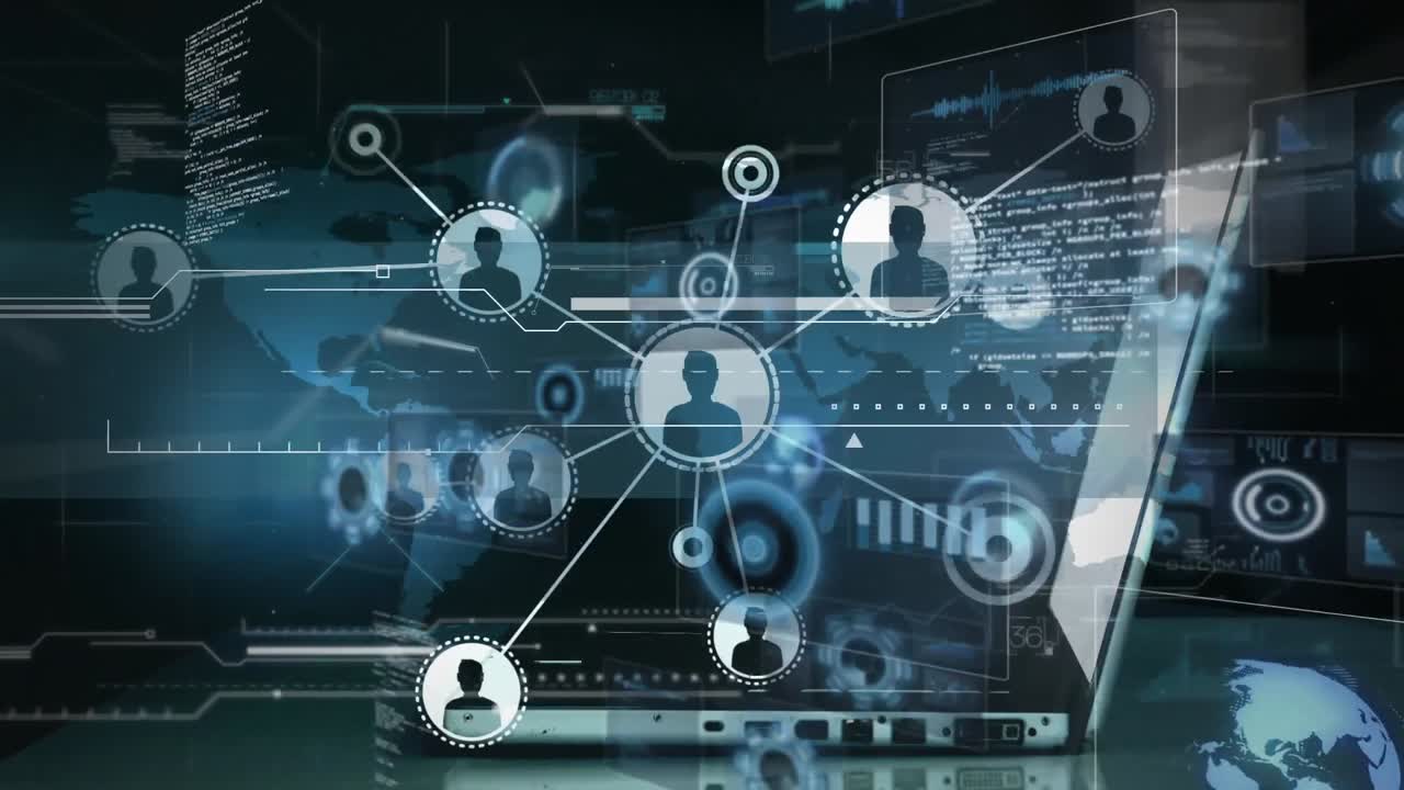 Animation of network of connections and data processing over man using laptop