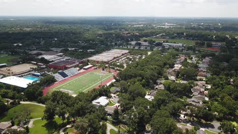 american high school empty football field and urban area