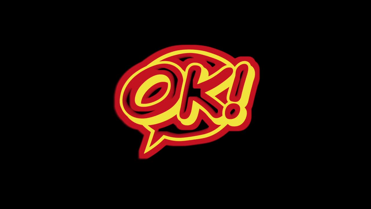 Animated comic book style text bubble with word OK! on isolated black background. For fun, positive feedback or approval visuals