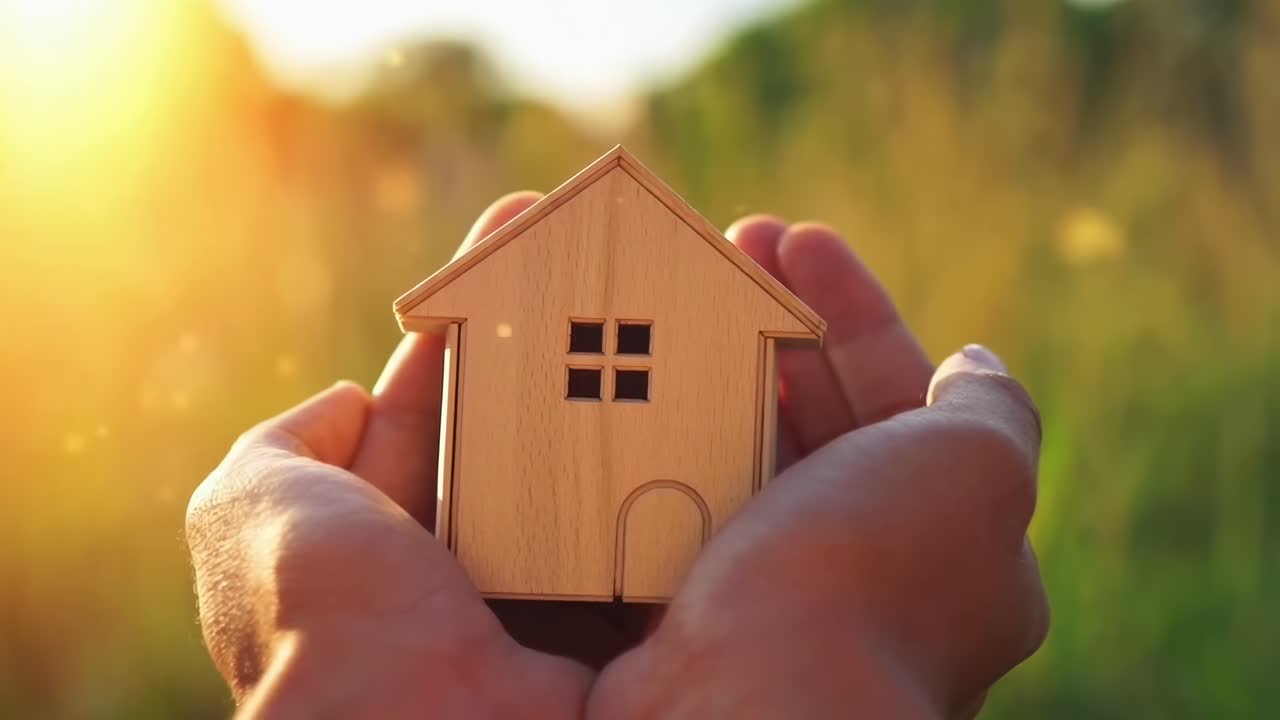Video ravvicinato di mani che reggono un modello di casa in legno, con uno sfondo caldo e illuminato dal sole