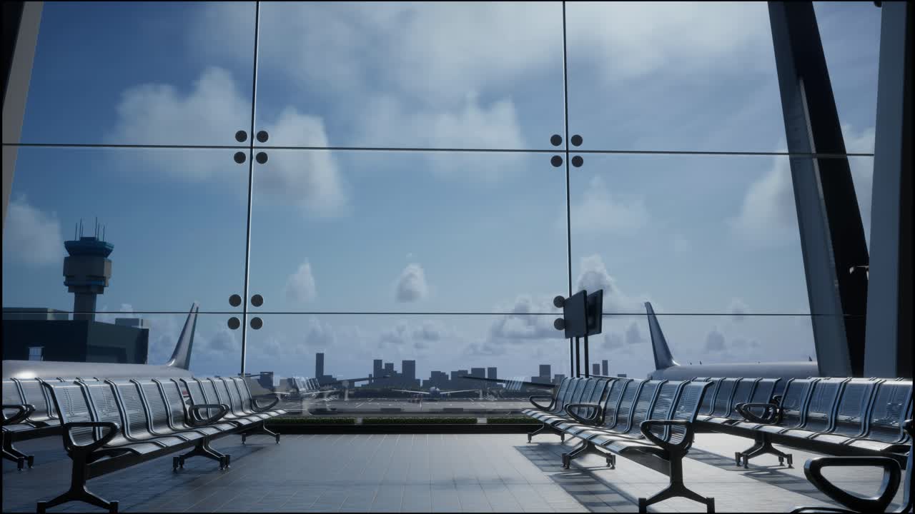 도시 전망을 가진 빈 공항 게이트