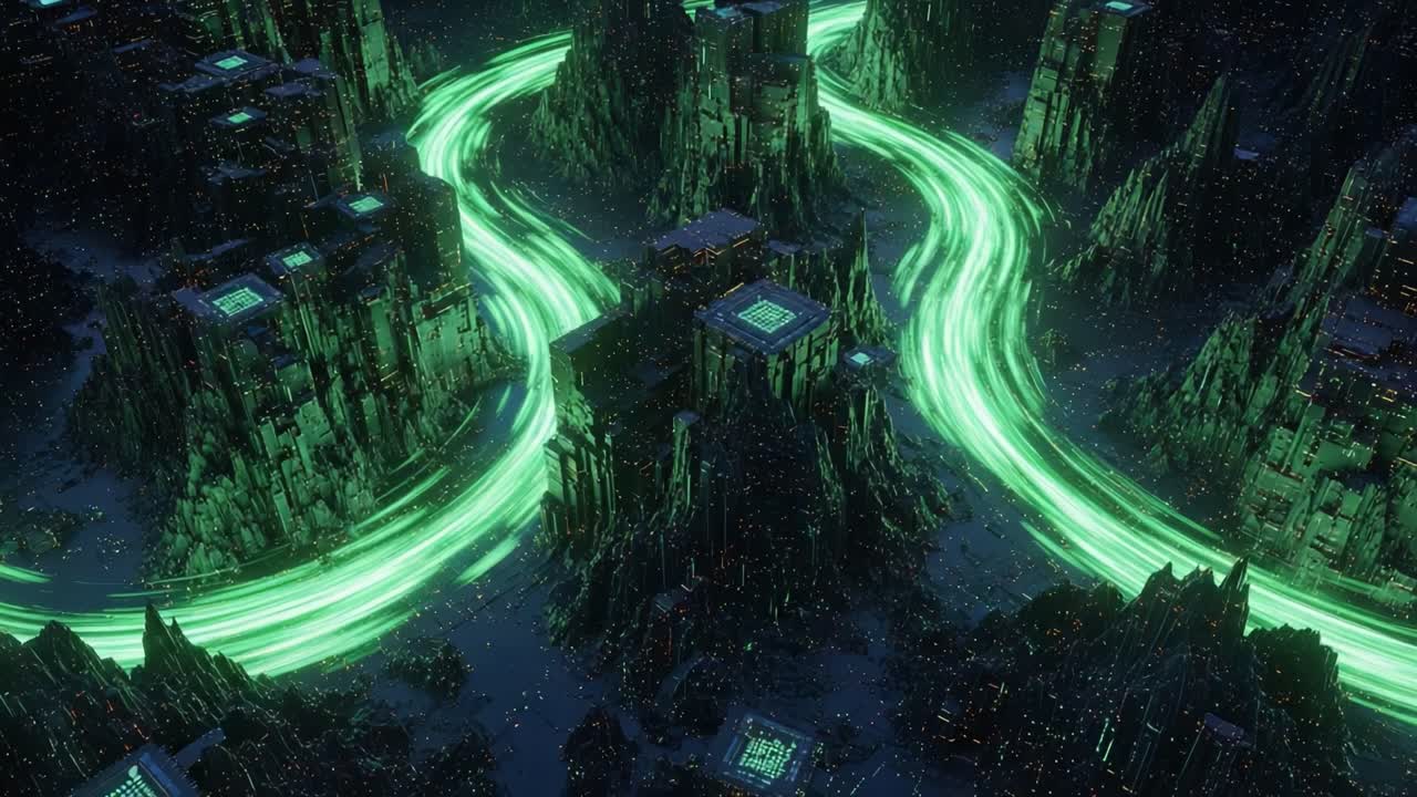 A Captivating Stream of Neon Green Light Flowing Through a Futuristic Landscape of Towering Mountainous Structures and Glowing Grids in a Darkened Setting