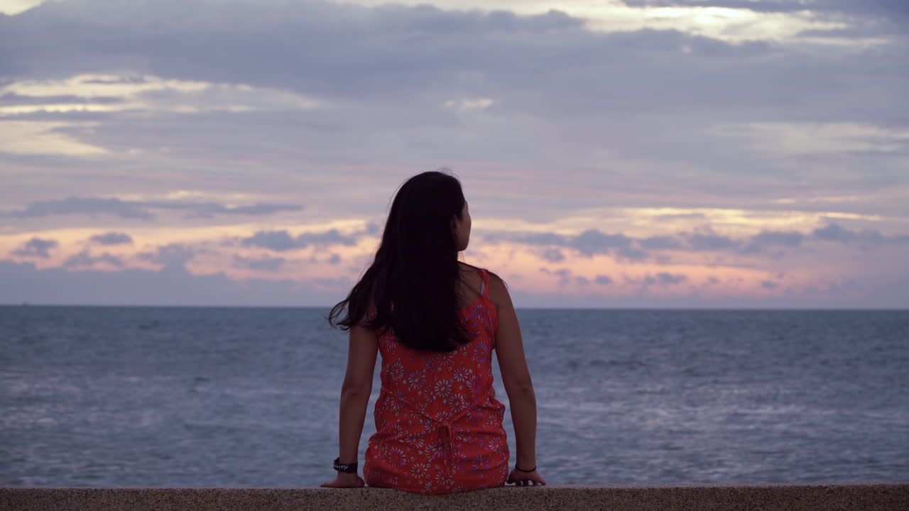 Vista posteriore di una donna pensierosa che sogna da sola vicino al mare al tramonto.