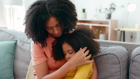 Sad,-comfort-and-mother-with-child-on-sofa