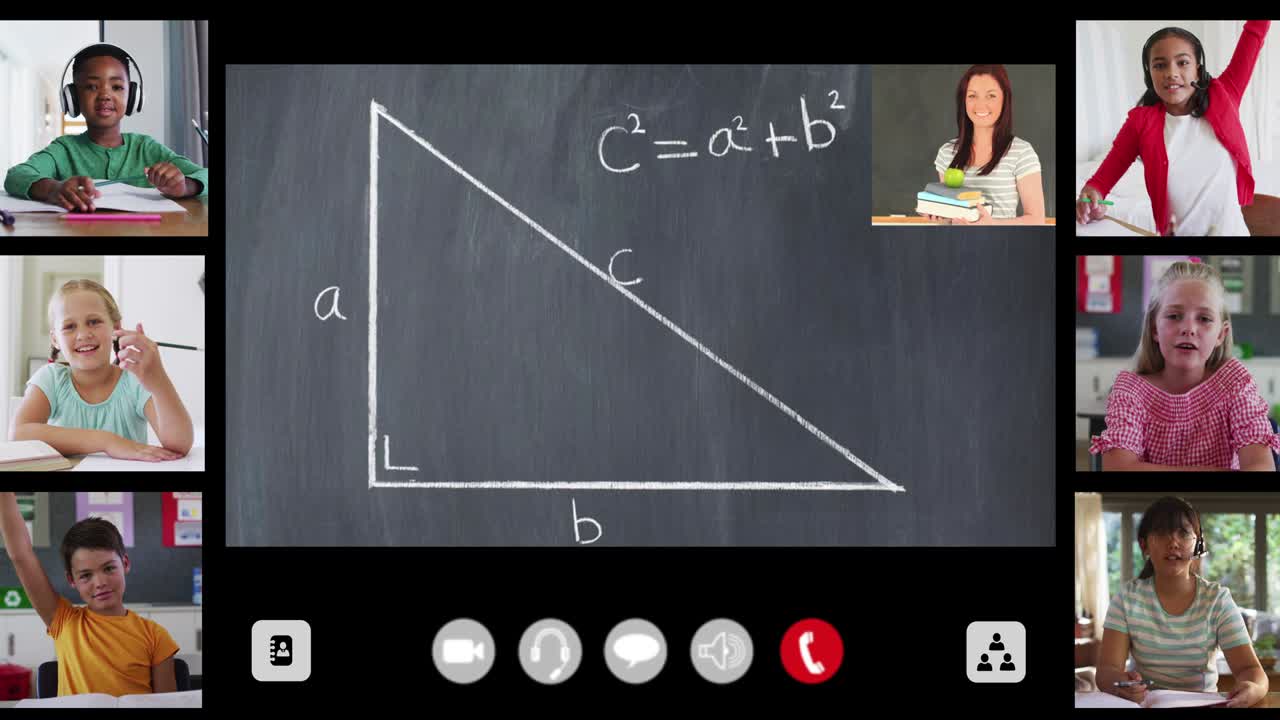 Animation of interface screen with chalkboard, teacher and six diverse children in online lesson