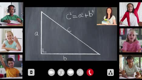 animation of interface screen with chalkboard, teacher and six diverse children in online lesson