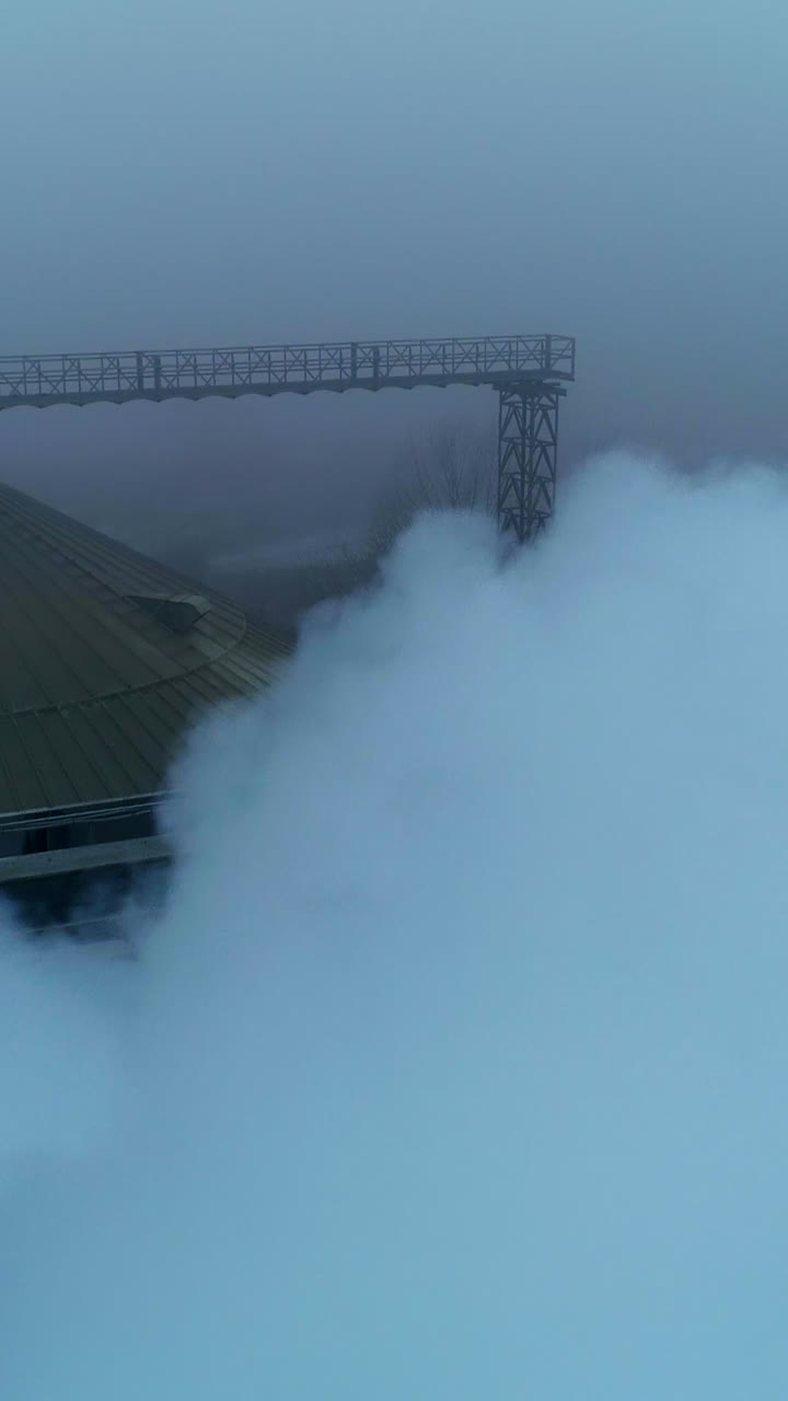 A number of pipes producing thick white smoke at agricultural plant. Rounded roof of silo tank at backdrop. Grey foggy day background. Vertical video