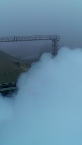 a number of pipes producing thick white smoke at agricultural plant. rounded roof of silo tank at backdrop. grey foggy day background. vertical video
