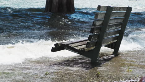 waves from flooding on park bench in flood waters