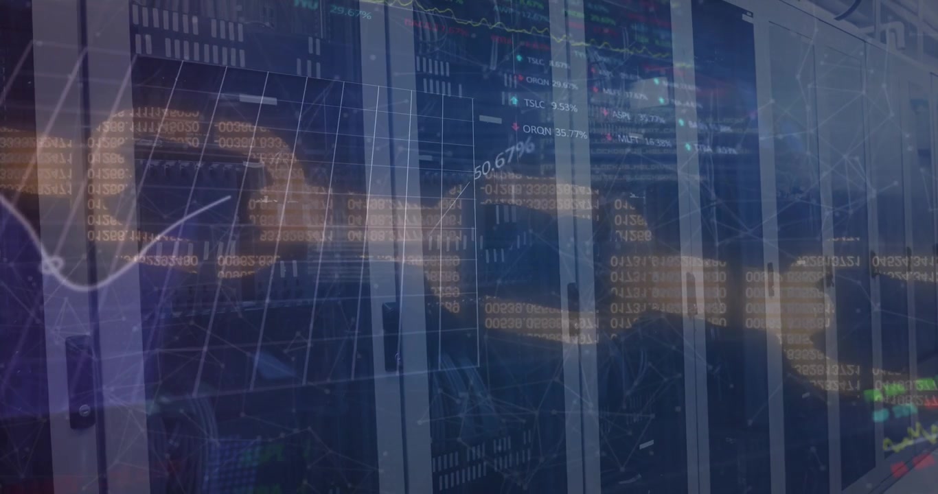 Animation of statistical, stock market data processing and security chain icon against server room