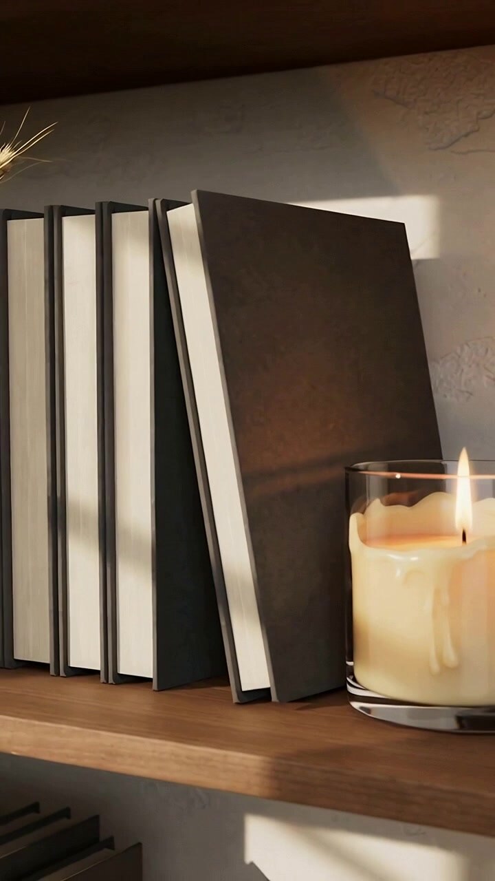 Video verticale: Libro scuro inclinato verso l'esterno su uno scaffale di legno con una fila di libri, rivelando una candela accesa.