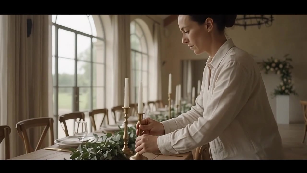 Woman Setting Elegant Wedding Table in Rustic Venue