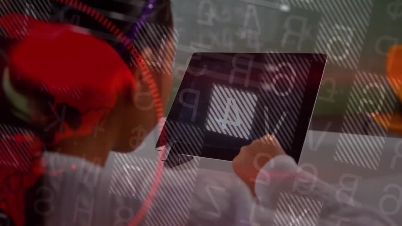 Girl tapping black tablet and initiating swirling code and refining grid pattern in tech education