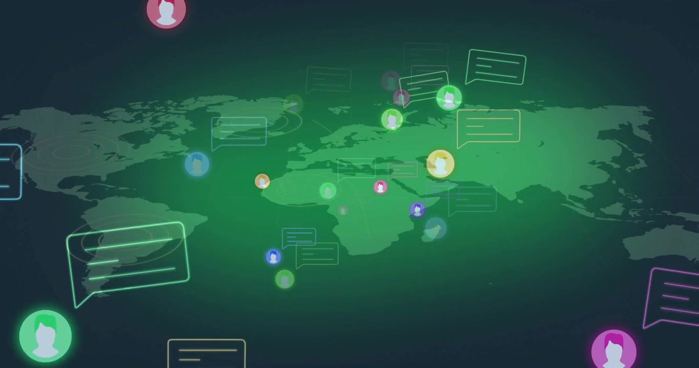 Apparizione graduale di avatar utente e bolle di chat traslucide su una mappa che mostra il flusso di rete.