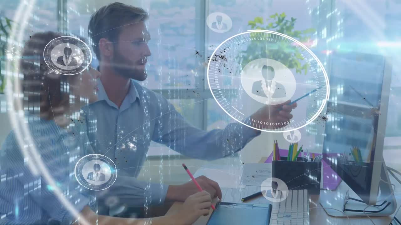 animación de la red de conexiones con iconos sobre la gente de negocios caucásica.