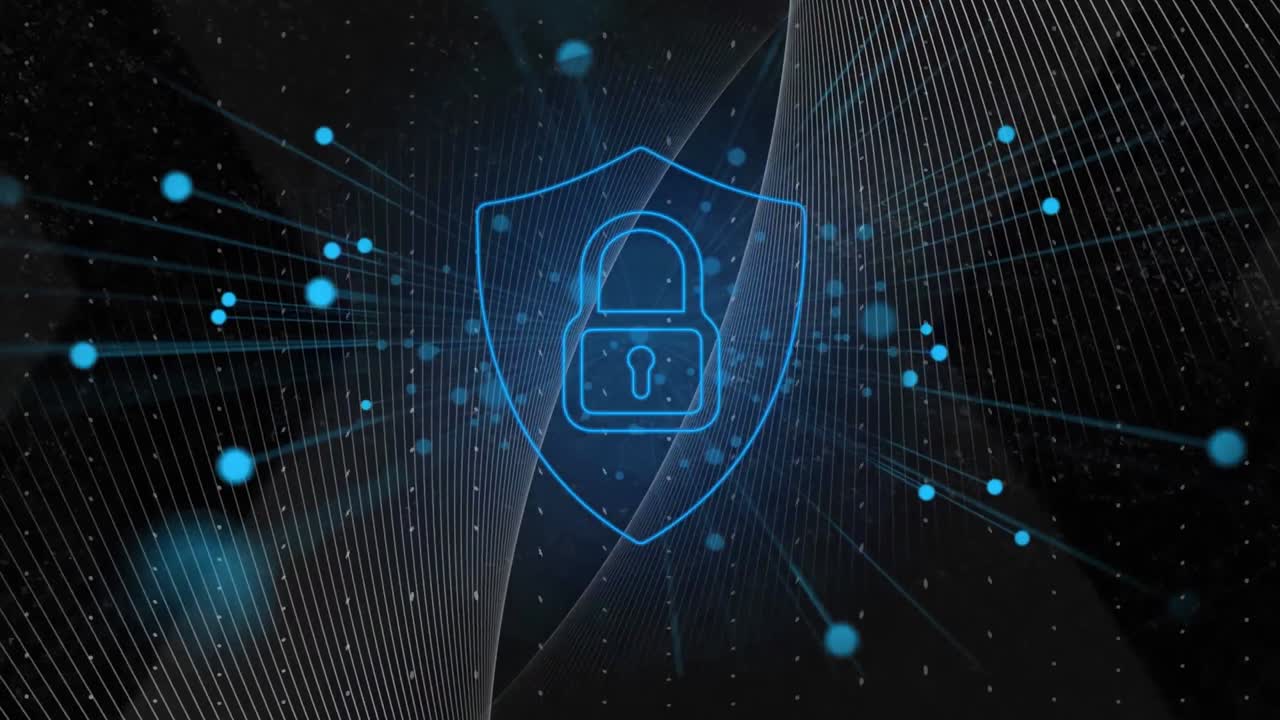 Digital animation of security padlock and blue particles against black background