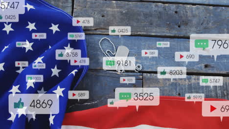 social media engagement animation over american flag and military dog tags on wooden surface