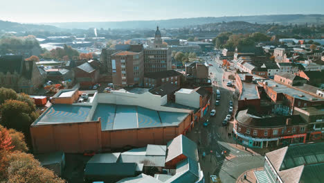 Aerial-drone-footage-of-the-English-market-town-centre-of-Dewsbury-in-West-Yorkshire-in-the-UK-showing-the-historical-town-centre-and-the-Dewsbury-townhall