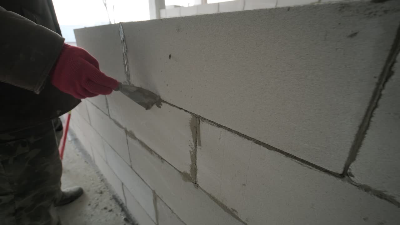Il maestro esegue la posa di un muro di blocchi in calcestruzzo aerato con attrezzi e malta adesiva.