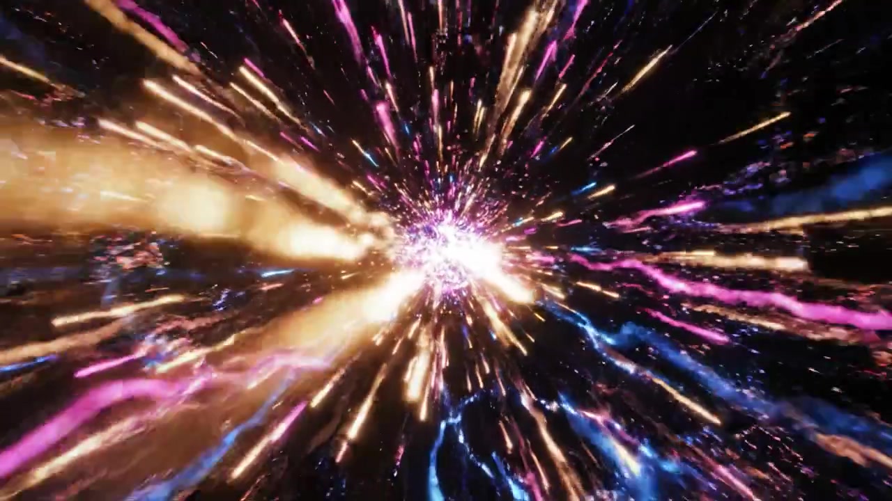Un viaggio cosmico attraverso lo spazio: da una singola scintilla a una vivida esplosione di colori e luci nell'universo espansivo.