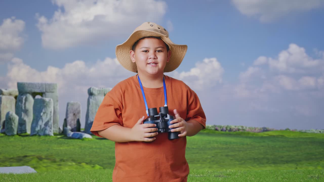 Asian Boy With A Hat Clapping Hands After Looking Through The Binoculars. Boy Researcher Examines Something While Traveling In Stonehenge, Travel Tourism Adventure Concept