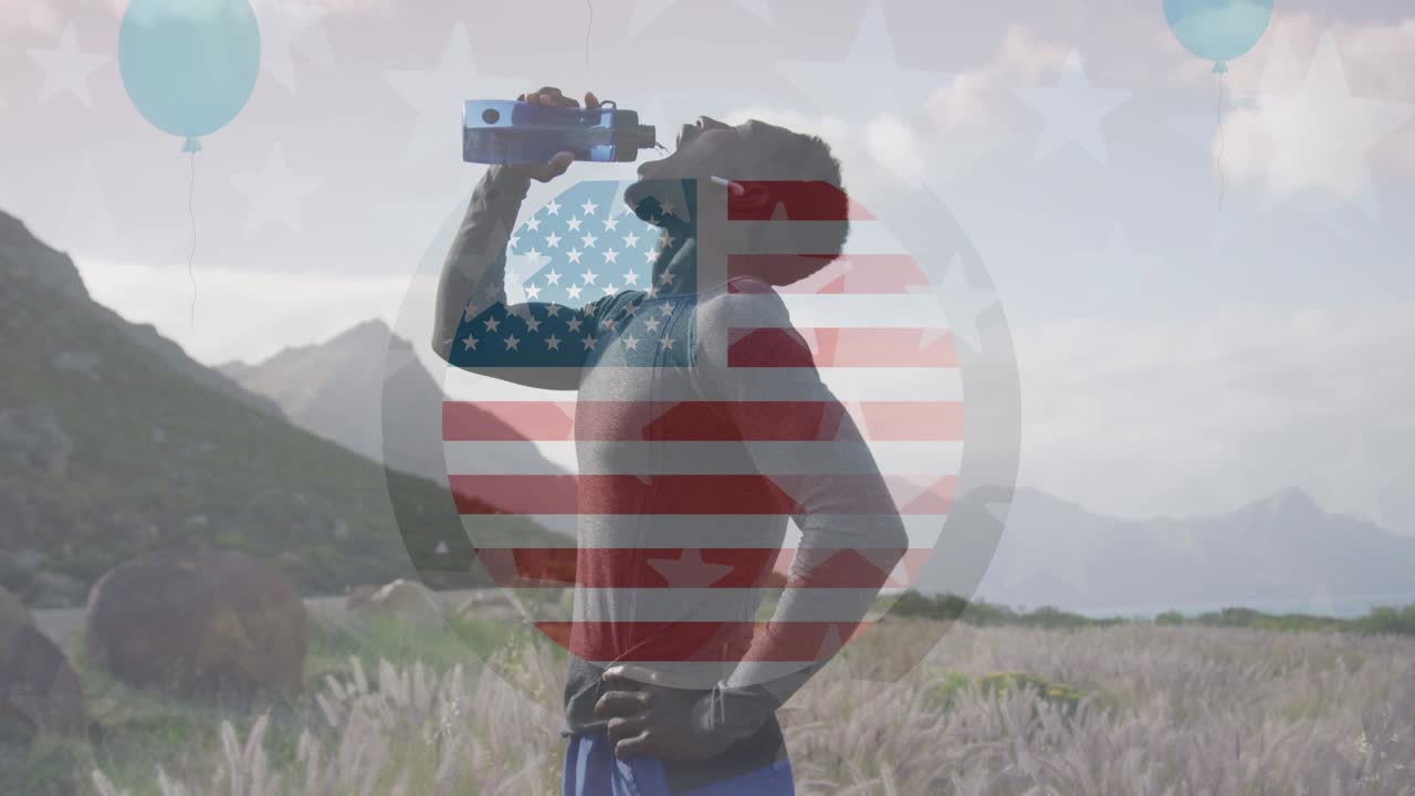 산에서 물을 마시는 아프리카계 미국인 남성 위에 있는 미국 국기의 애니메이션