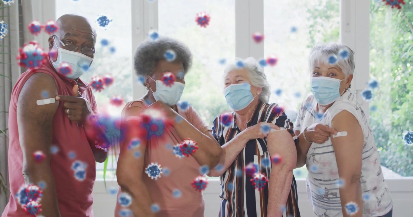 Group of Seniors Showing Vaccination Bandages with Floating Virus Graphics