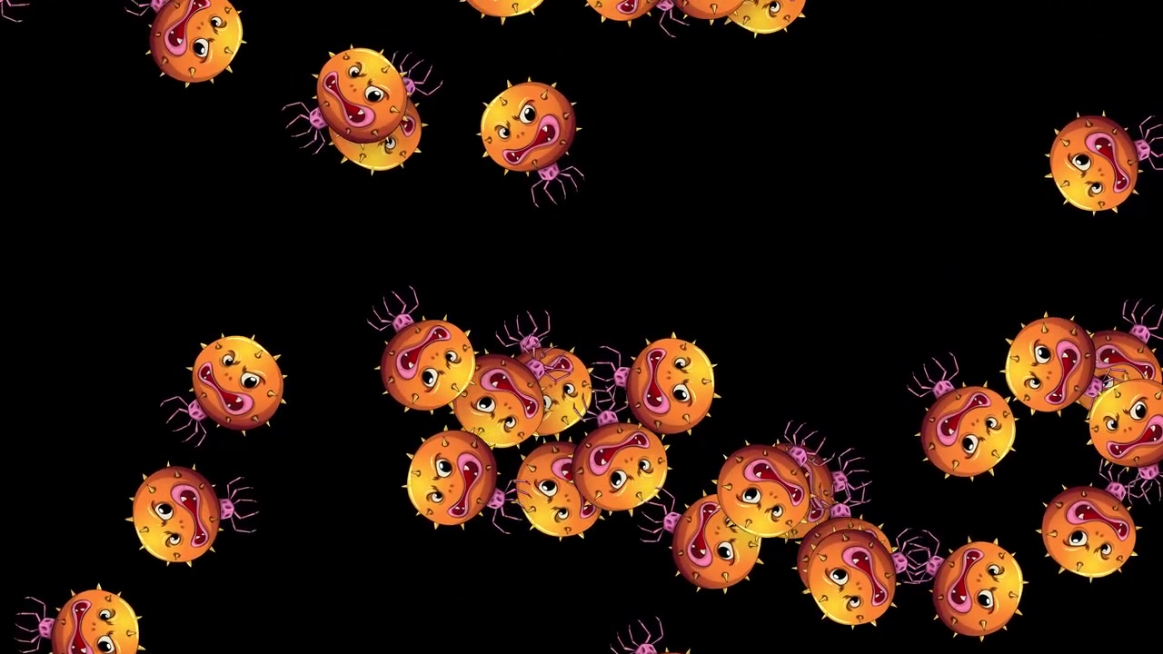 Animated orange microbe characters with angry faces fall vertically through a dark void.