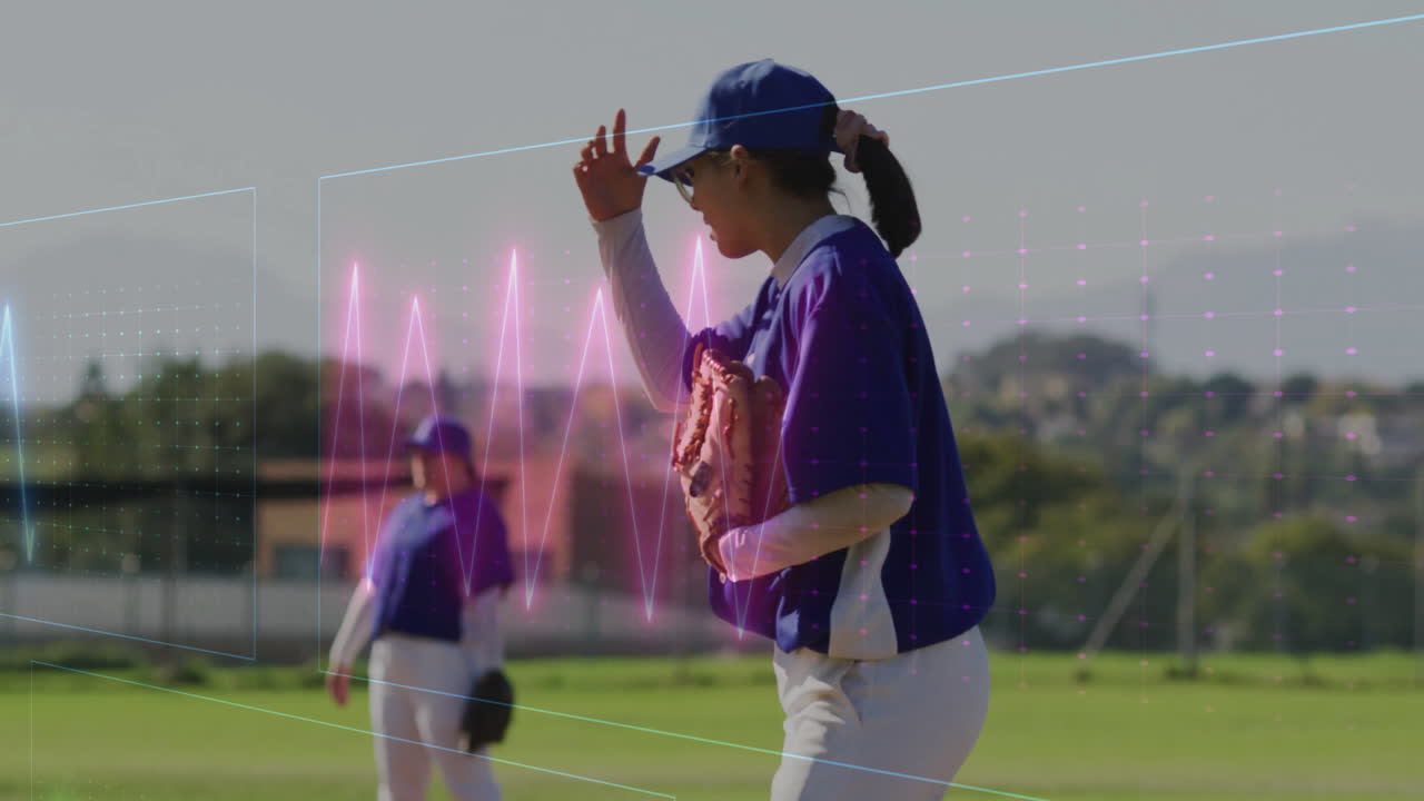 On field, baseball players with pink animation data visualization overlay
