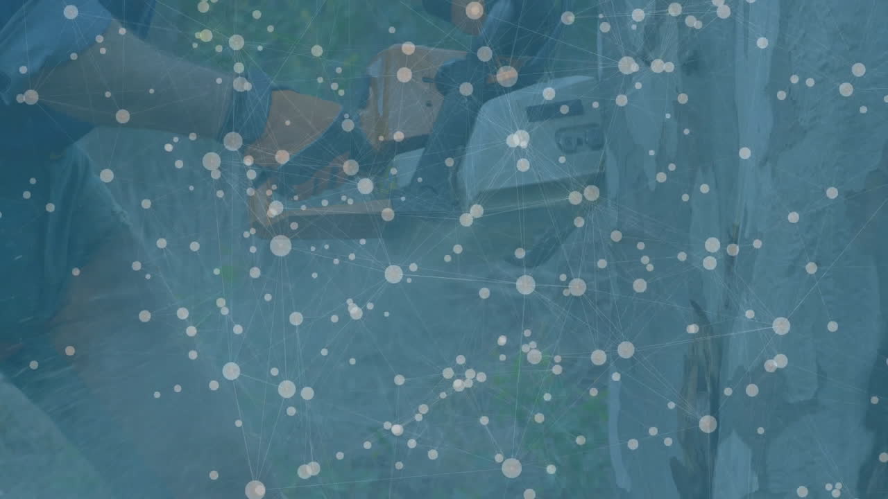 Man loading item into car trunk on roadside, showing logistics network graph overlay