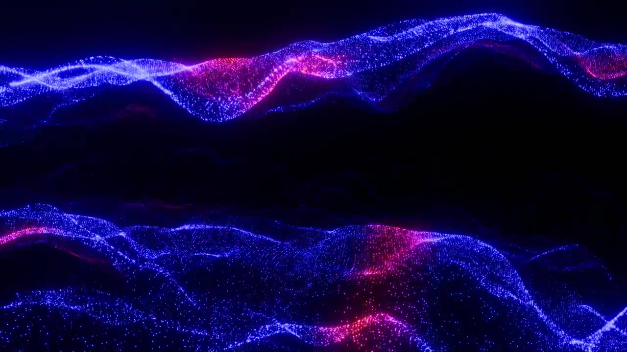 Abstract Blue and Pink Glowing Particle Waves on Black Background