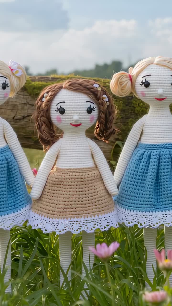 Vertical video: Zooming camera toward central crochet doll in meadow, showing lace skirt