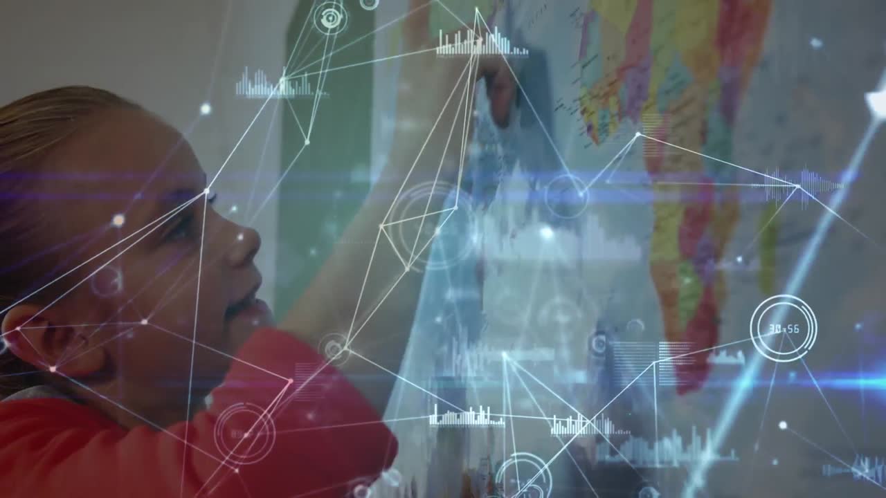 red de conexiones y procesamiento de datos contra niñas caucásicas leyendo mapas en la escuela primaria