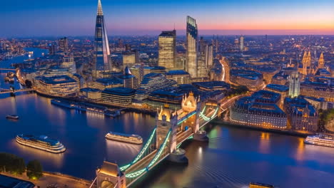 aerial view of london cityscape at dusk with tower bridge and the shard