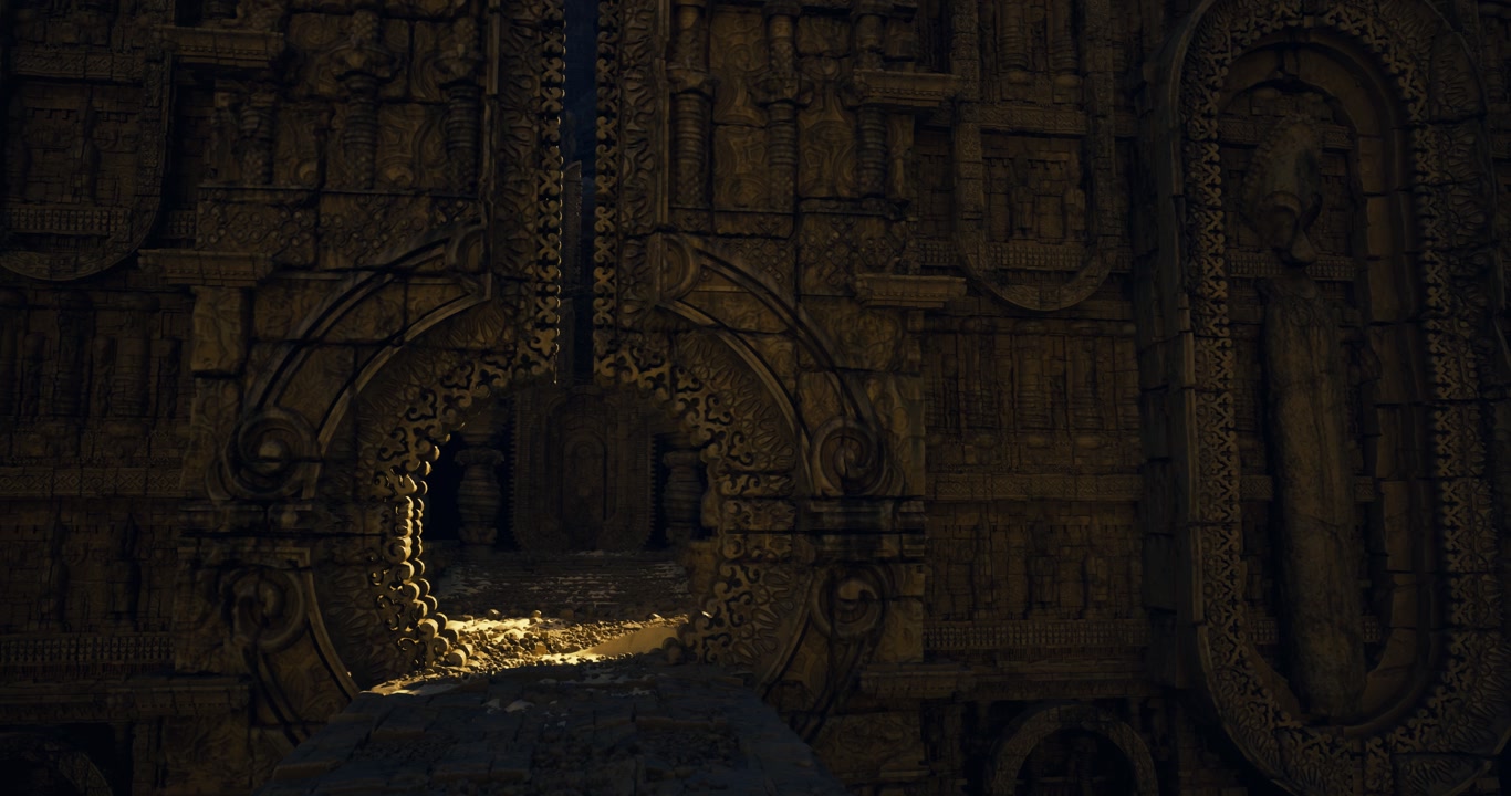 Silent corridor featuring detailed wall carvings and guardian aura