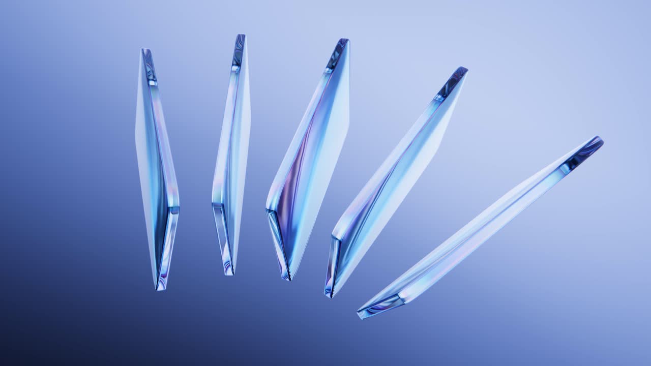 Abstract Iridescent Glass Shapes Moving on Blue Background