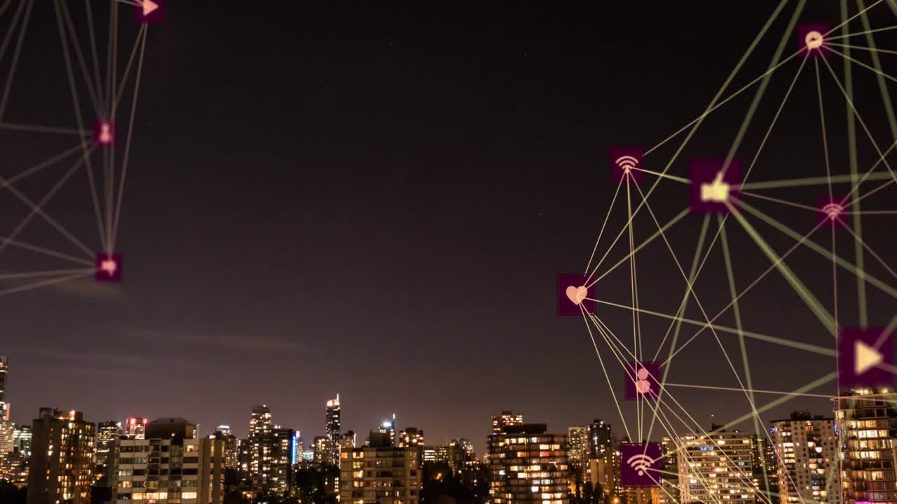 animación de redes de conexiones y paisaje urbano sobre fondo marrón