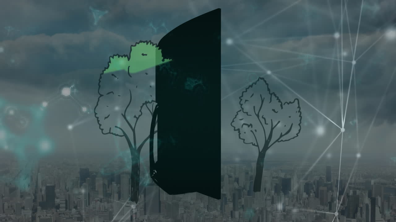 animación de la red de conexiones y árboles sobre el paisaje urbano.