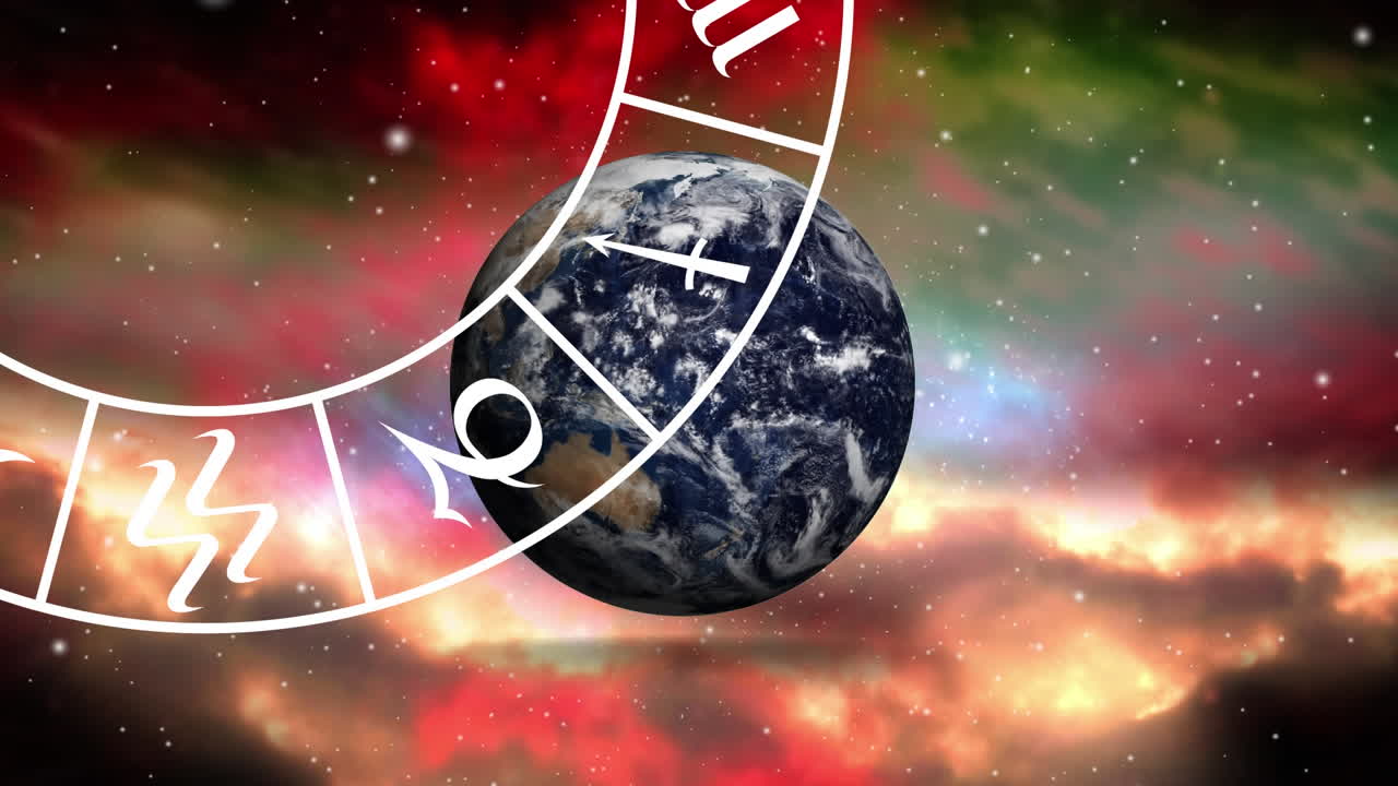 호로스코프 별자리 바 ⁇ 와 활기찬 색 ⁇ 의 구름 위에 있는 지구의 애니메이션