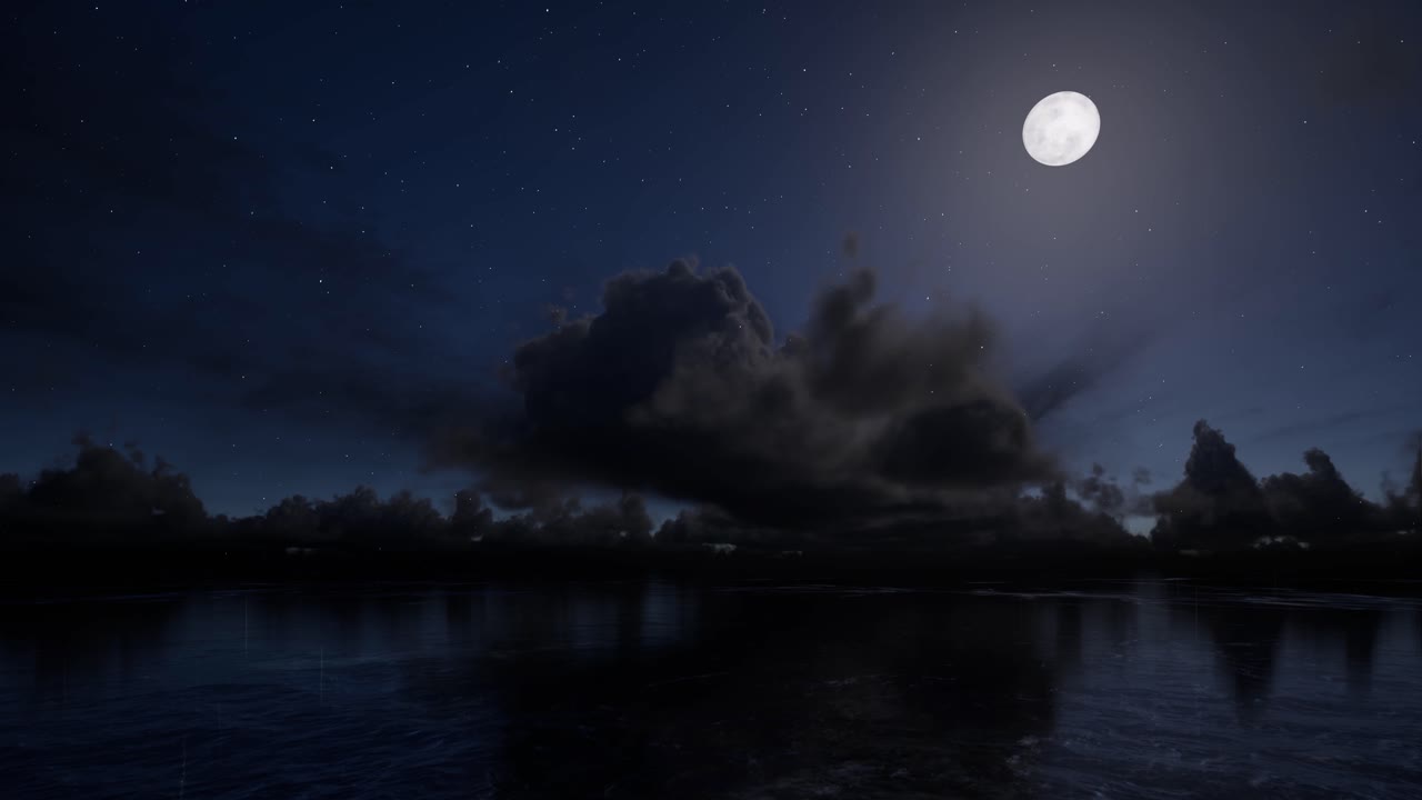 Sea and dark puffy clouds moving on night time with bright moon 3D animation static camera