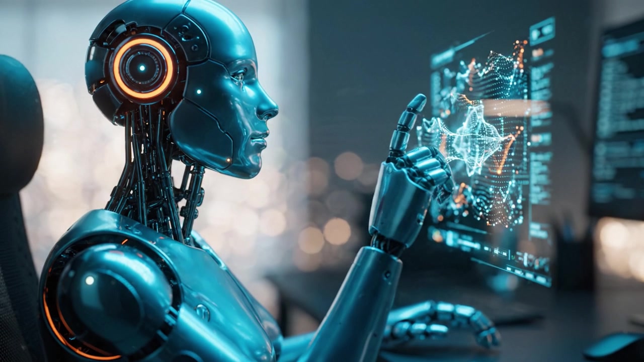 A futuristic robotic figure engages with advanced digital interfaces, showcasing the intersection of artificial intelligence and technology in a modern workspace environment.