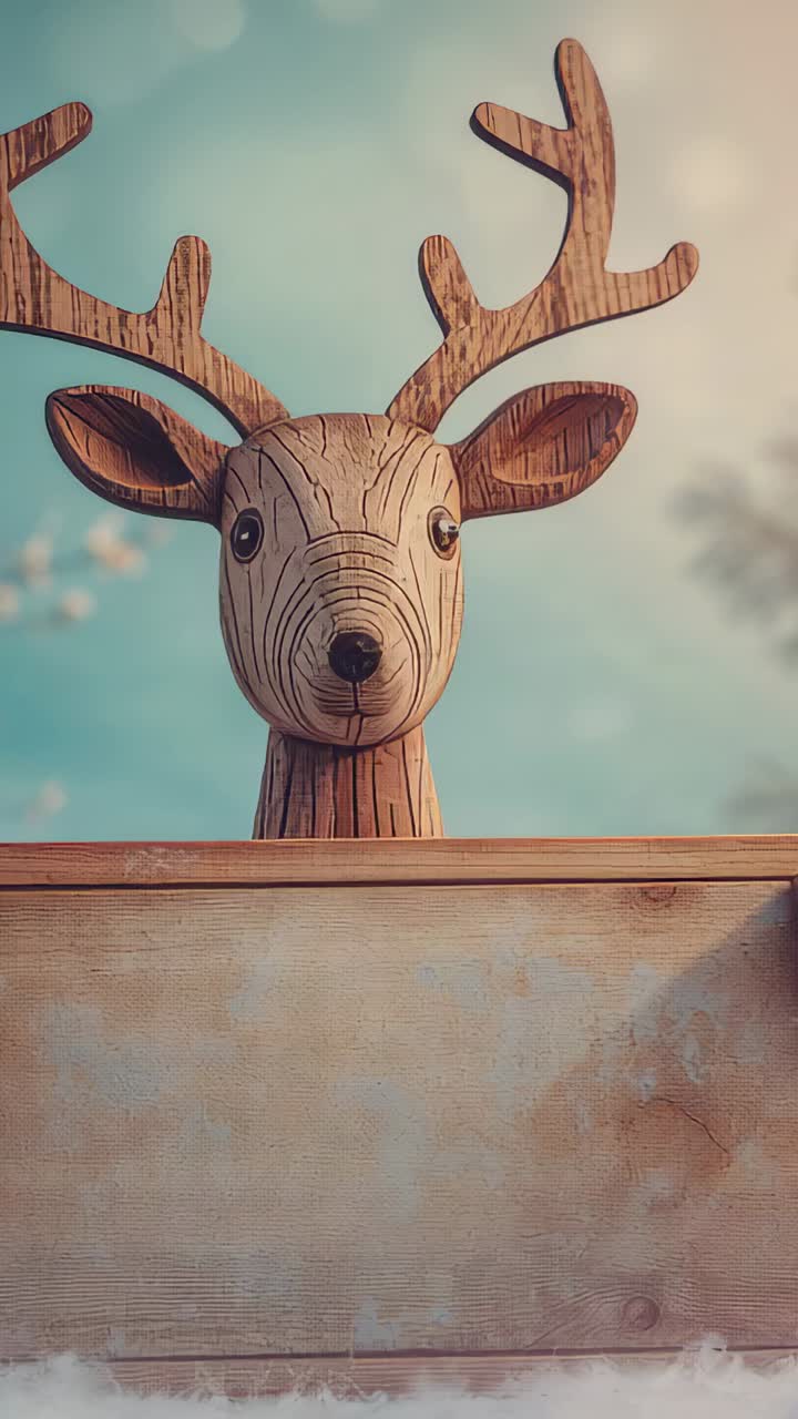 Vertical video: Shifting sunlight illuminating wooden deer head on panel in garden, revealing grain